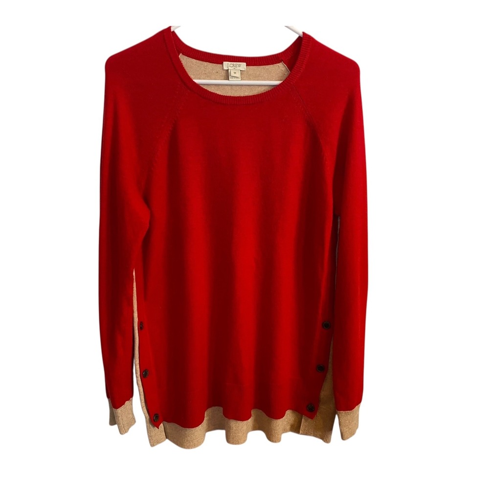 J.Crew Womens Sweater Medium Red Tan Colorblock Wool Blend Elbow Patch Pullover